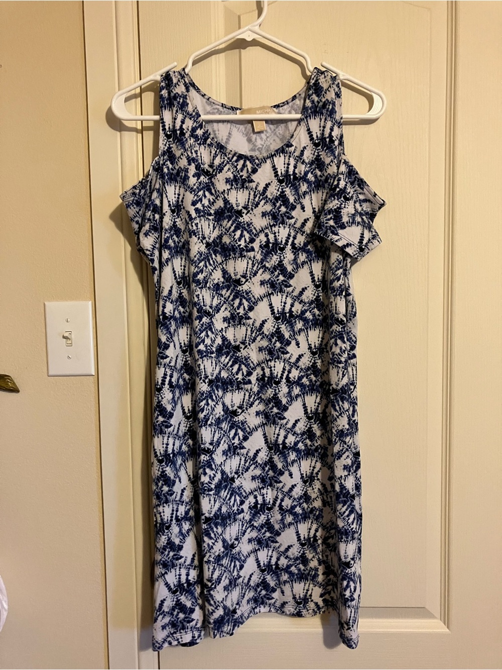 Michael Kors Blue & White Cold-Shoulder Printed Midi Dress